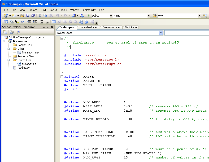 The firelampvs project in Solution Explorer