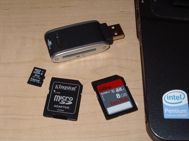 USB-to-SD card adapter and cards