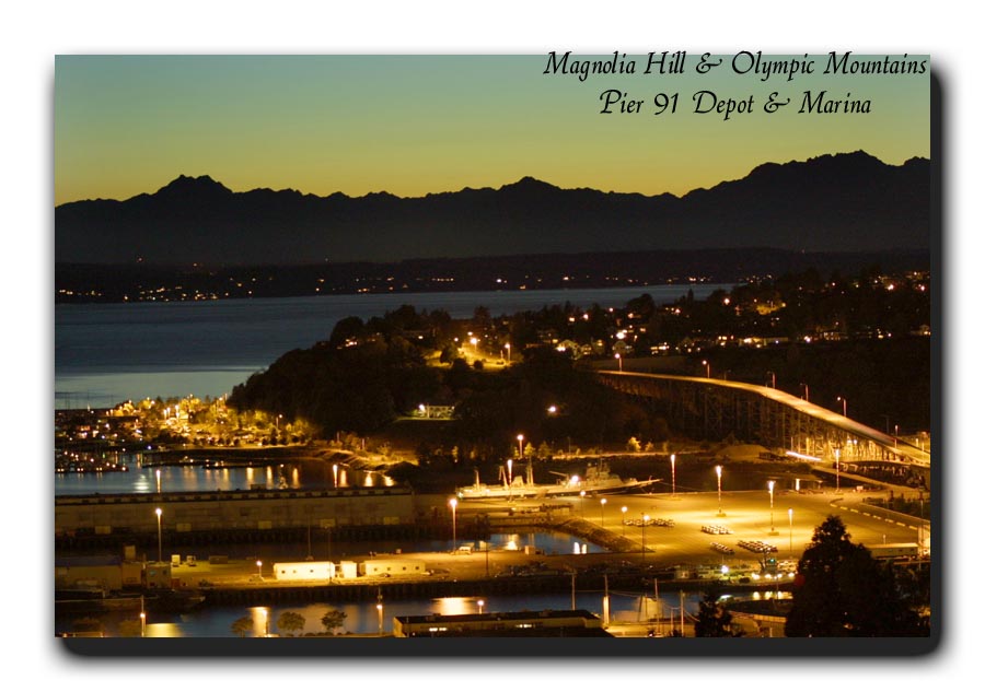 Seattle after sunset - looking west from Queen Anne Hill to Magnolia Bluff and the Olympic Mountains