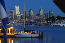 Looking south, across Lake Union at the last rays of sun on Downtown Seattle