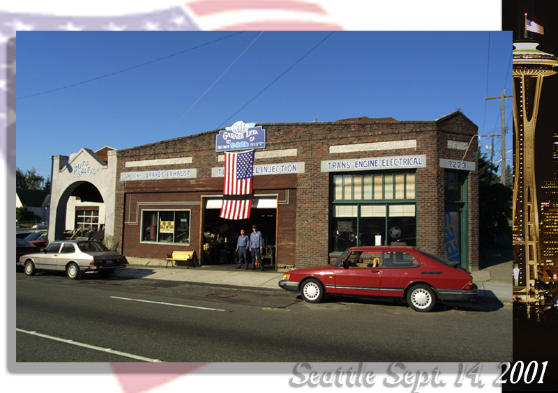shopPostcard - R&H Garage and the Space Needle with the flag at half-staff